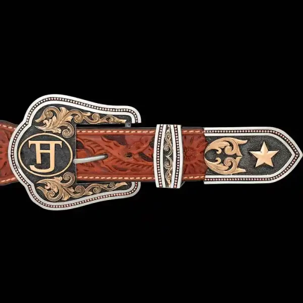 The Gonzales Three Piece Buckle set is fit for any serious cowgirl or cowboy outfit. Features gorgeous bronze scrollwork and a beautiful golden Texas Star. Personalize with your ranch brand, figure or initials.